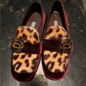 Prada Red and Leopard Print Velvet Loafers
